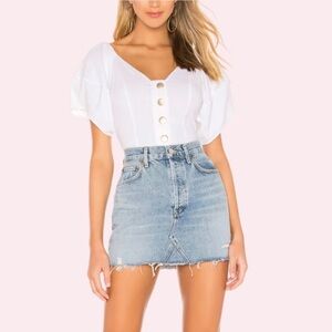 Free People White Button-Front Blouse with Puff Sleeve